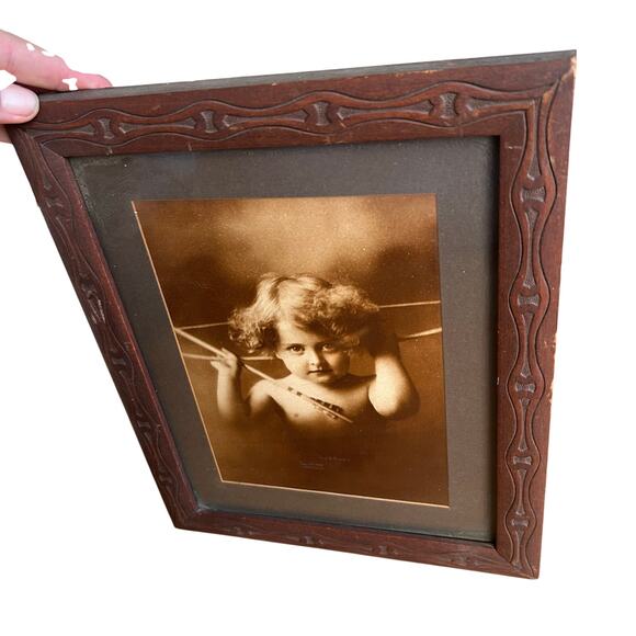 Antique Cupid Awake 1897 Black & White Print M. B. Parkinson carved wood frame - Picture 2 of 13